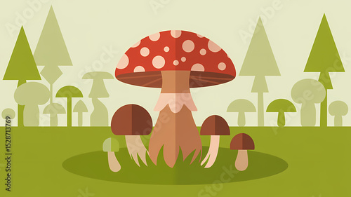 Flat Design Illustration of a Giant Red Mushroom with White Dots in a Forest Clearing