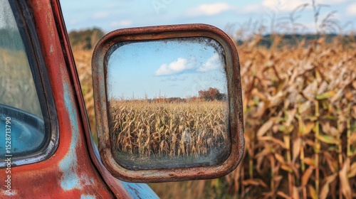 Rusty side mirror reflects autumn cornfield.