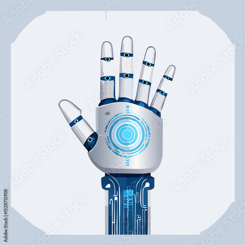 A futuristic robotic hand with detailed joints and circuits, shown upright in a clean, high-tech style.
