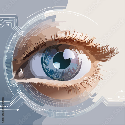 A high-tech human eye with digital overlays and circuits, illustrated in a clean, modern style with sharp detail.
