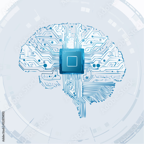 A digital brain with microchip circuits, illustrated in a clean and modern style with bright detail.