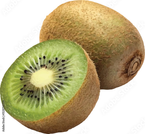 Fresh Kiwi Fruit Whole and Halved Showing Green Flesh and Black Seeds Isolated on White Background