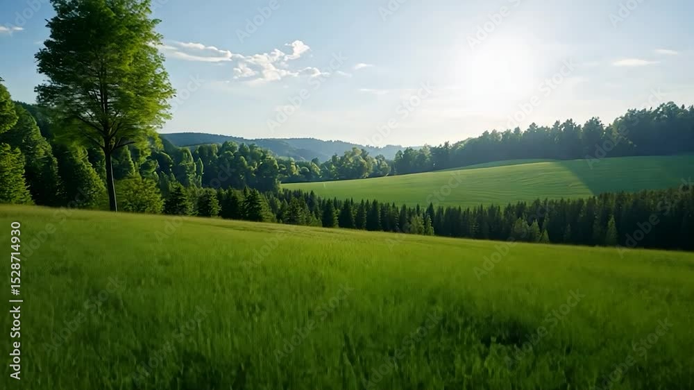 Lush green field under bright sky rural landscape with rolling hills