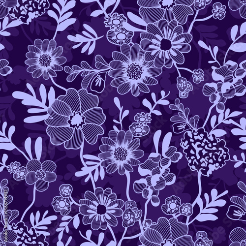 Damask floral seamless pattern. With hand drawn flower lite purple on dark purple silhouette background. Design for curtain, wallpaper, decorative, wrapping paper, fabric and textile.