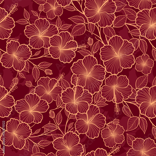 Hibiscus floral embroidery style seamless pattern. With lite orang color tone on dark red silhouette background. Design for wallpaper, fabric, textile, decorative, wrapping paper and curtain.