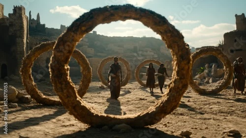Ancient Ruins: Individuals navigating ancient ruins, a visual testament to the passage of time and civilization's legacy. A sense of mystery and history