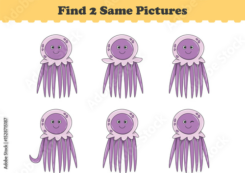 Funny cartoon jellyfish. Find two same pictures. Educational game for children. Cartoon vector illustration