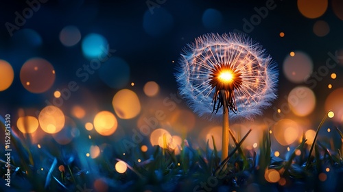 Dandelion illuminated by glowing bokeh