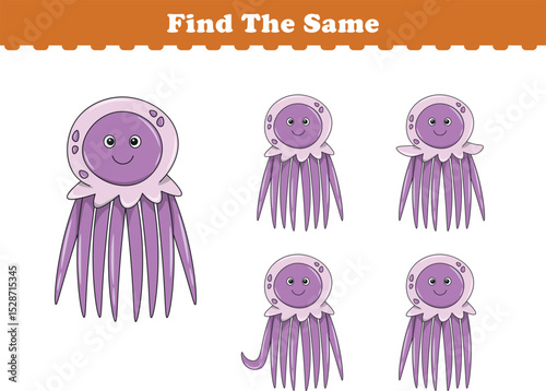 Funny cartoon jellyfish. Find same pictures. Educational game for children. Cartoon vector illustration