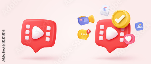 3D cinema movie with minimal film theater play icon, watch movie in theatre and notification. Media film for entertainment alert in social media. 3d cinema reminder vector icon render illustration
