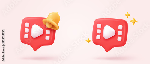 3D cinema movie with minimal film theater play icon, watch movie in theatre and notification. Media film for entertainment alert in social media. 3d cinema reminder vector icon render illustration