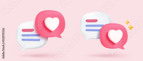 3D Social media online platform concept, online social communication on applications, Photo frame with heart and love emoji icon, like and play in red bubble 3d icons. 3d vector render concept