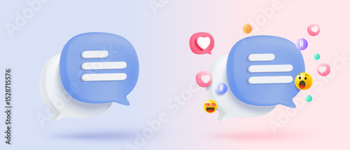 3D speech bubbles symbol sign on social media icon isolated on pastel background. Chat dialogue bubble or user reply sign with social media. 3d speech bubble icon vector render illustration