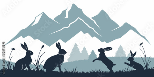 Silhouettes of animals in a snowy mountain landscape with forest and sky in vector style