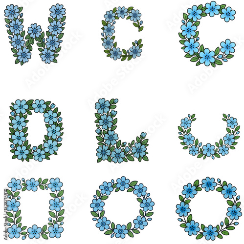 Floral Alphabet Letters and Shapes with Blue Flowers