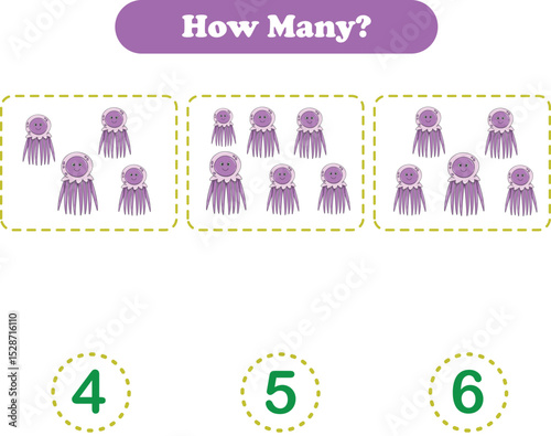 Counting game of wild animals for preschool kids. Counting jellyfish. Printable. Vector Illustration