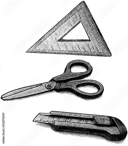 Hand-drawn ruler sketch used for measuring, drawing, and geometry, Scissors, cuter in school and office