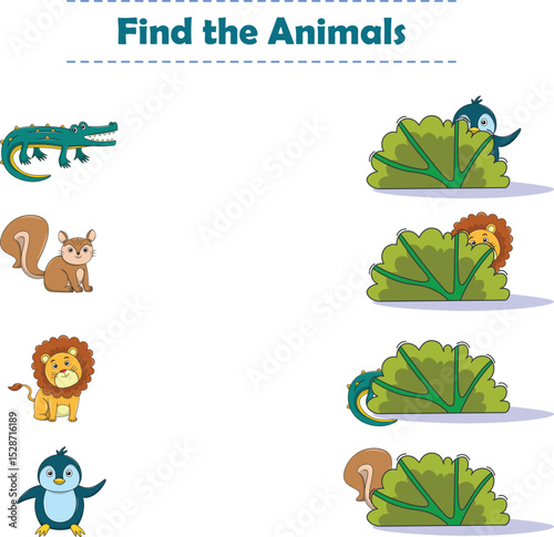 Find Hiding Animals. Child Exercise Sheet with wild animals. Printable worksheet. Cartoon vector illustration