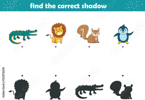 Funny cartoon wild life. Find the correct shadow. Kids Education games. Cartoon vector illustration