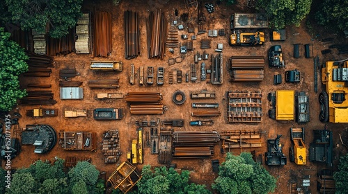 Aerial view scrapyard, metal, equipment, jungle, recycling