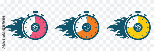 Timer, stopwatch icon set, Countdown timer and clock icons.35, 40, 45, min, great design for any purposes. quick time icon, speed time vector icons set isolated on transparent background