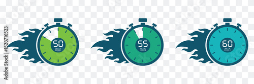 Timer. Stopwatch. Countdown 50,55,60 minutes. Stopwatch icon in flat style, Countdown timer symbol icon set. Label cooking time. Stop watch isolated on transparent background. Vector illustration