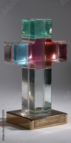 Modern glass cross sculpture with colored liquid
