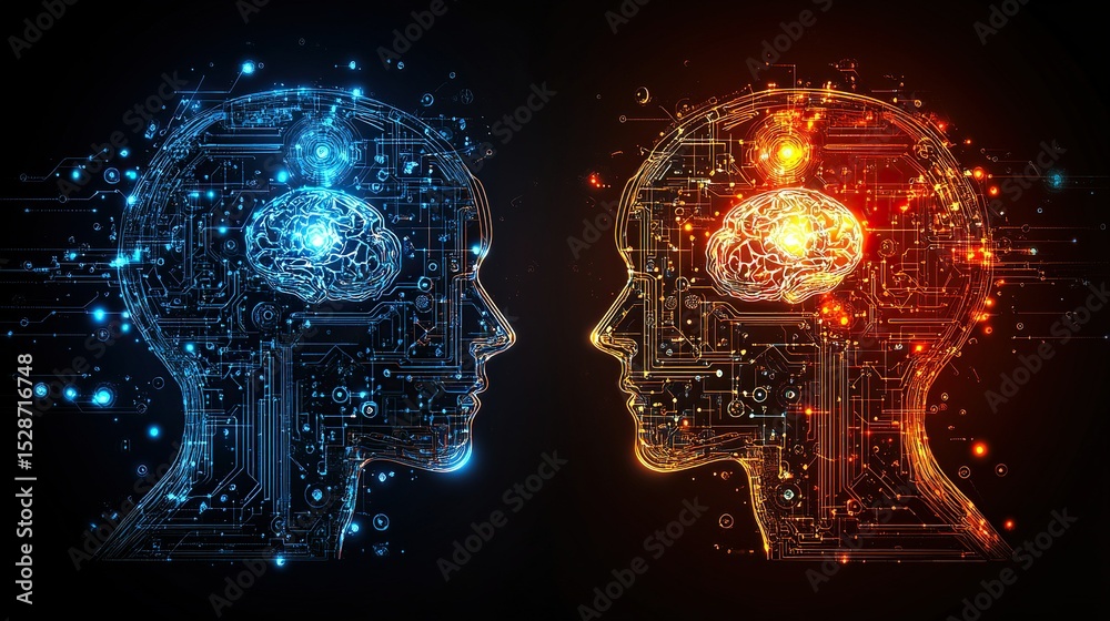 AI Minds Opposing, Digital Brains, Tech Debate, Dark Background, Concept Art AI Minds Opposing, Digital Brains, Tech Debate, Dark Background, Concept Art
