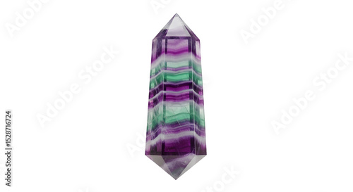 Vibrant Crystal Tower Displaying Purple Green And White Banding Against Transparent Backdrop