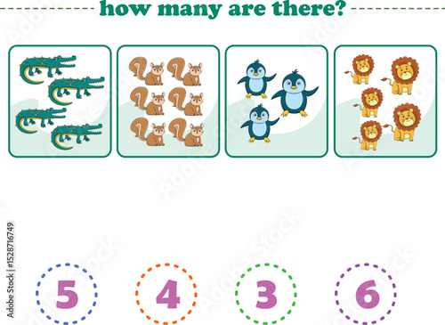 Counting game of wild animals for preschool kids. Printable. Vector Illustration