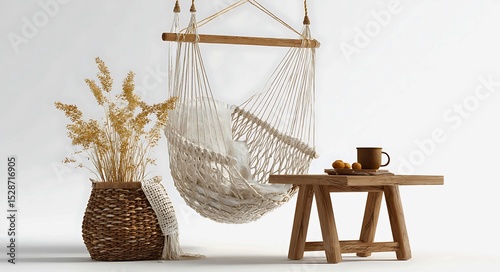 Boho-style cozy hammock chair mockup with basket and table, soft tones for modern interior presentation