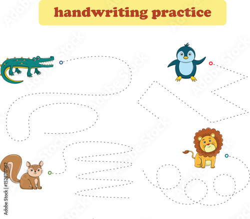 Handwriting Practice. Tracing lines for kids with animals. Vector Illustration