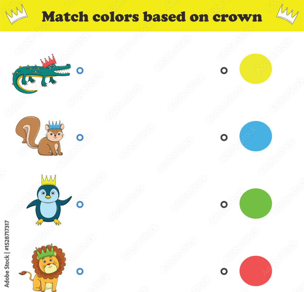 Fototapeta premium Match the color of the animal's crown. Educational game for color recognition