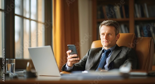 Efficient businessman using mobile phone while typing on laptop in organized office space for business operations
