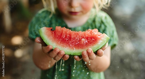 Smiling child savoring watermelon at a summer picnic in a sunlit park surrounded by lush green grass