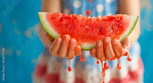 Playful child holding watermelon slice with juice dripping, capturing pure summer joy and childhood messiness