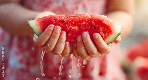 Messy-handed child gripping watermelon slice with a beaming smile during a joyful summer moment