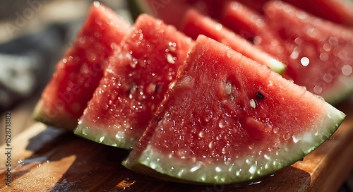 Sunlit watermelon slices on a wooden surface, highlighting their juicy texture and vibrant summer essence