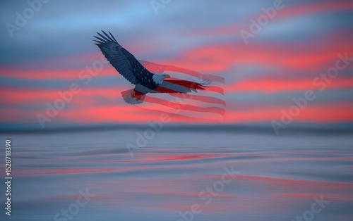 Bald eagle soaring, American flag, sunrise