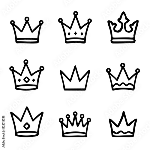 A set of doodle line icons featuring various crown designs representing royalty, leadership, power, and success for graphic or branding use