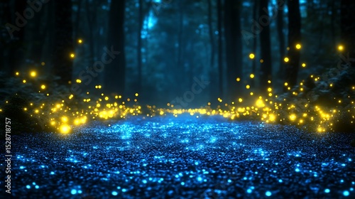 A magical forest path with glowing lights in the evening