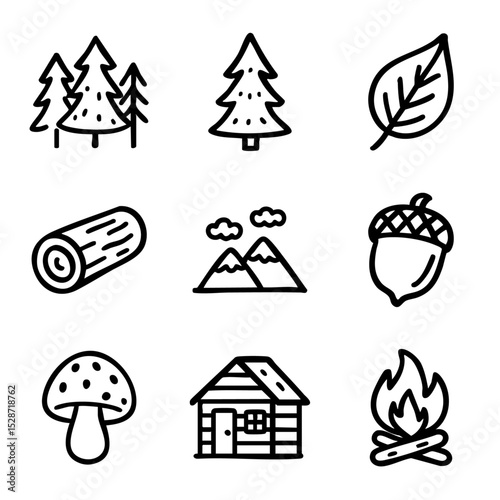 A set of doodle line icons featuring forest elements, camping gear, and natural objects perfect for outdoor, travel, or adventure-themed designs