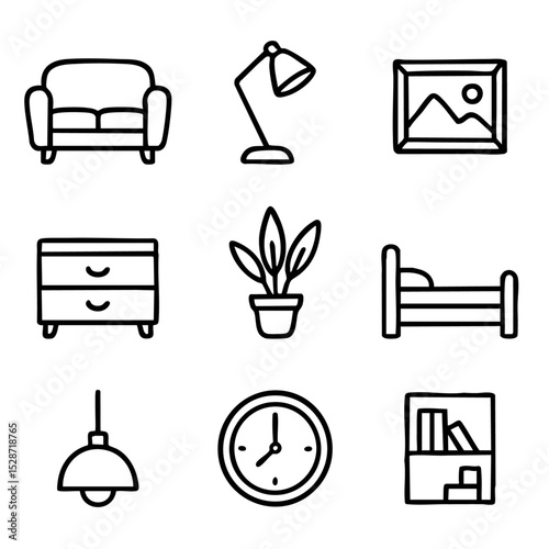 A set of doodle line icons representing home furniture, decor items, and interior design elements for lifestyle, architecture, or real estate visuals