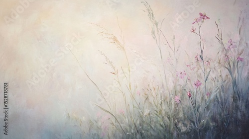 Delicate meadow flowers in soft pastel colors.  Gentle breeze, sunlit