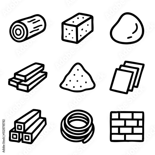 A set of doodle line icons representing various construction and building materials like wood, bricks, metal, sand, and concrete for architectural use