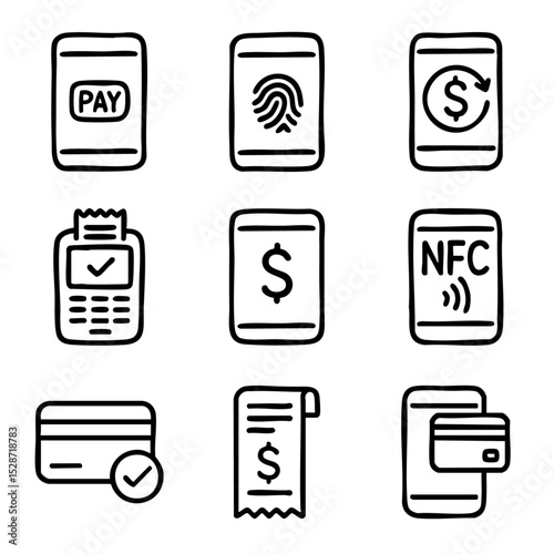 A set of doodle line icons showing mobile payment, contactless transactions, card processing, and e-receipts for fintech, banking, or app interfaces