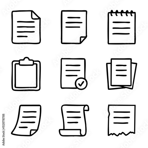 A set of doodle line icons depicting various paper documents, notes, scrolls, and forms—great for office, admin, or digital file use