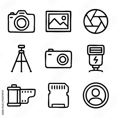 A set of doodle line icons showing cameras, photo gear, lenses, and accessories for use in photography, media, or creative design projects