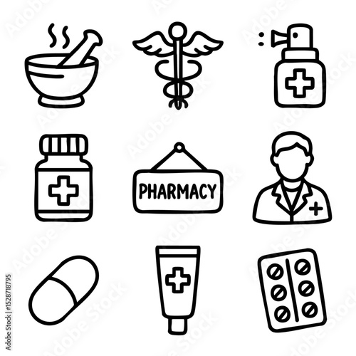 A set of doodle line icons representing pharmacy items, medicine, prescriptions, and healthcare professionals for use in medical and drugstore themes