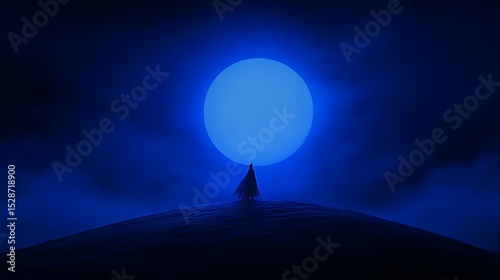 A solitary figure stands before a giant glowing celestial body